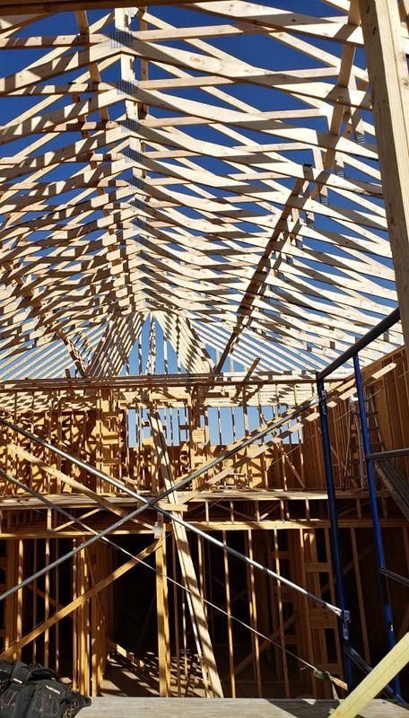 Looking up through newly set roof trusses against a blue sky, with interior wall framing and scaffolding below